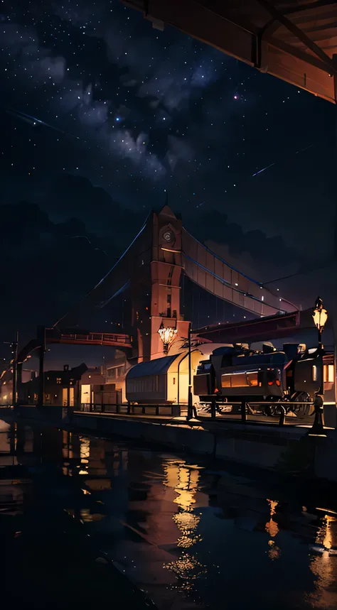 A masterpiece of high quality, landscape, Animated train passing through a body of water on the tracks, bright starry sky. romantic train, pixiv, concept art, Lofiato style, reflection. by makoto shinkai, Lofiato, beautiful anime scene, Anime landscape, De...