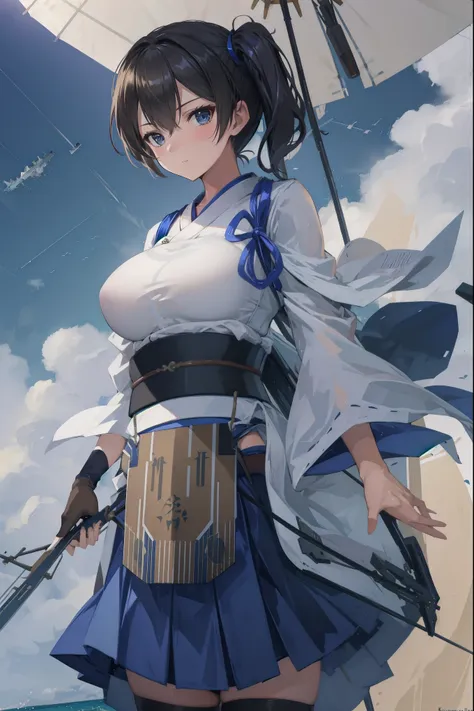 kaga(fleet collection),highest quality, masterpiece, high resolution,kimono,blue skirt,side ponytail,big_breasts,