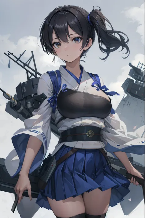 kaga(fleet collection),highest quality, masterpiece, high resolution,kimono,blue skirt,side ponytail,big_breasts,