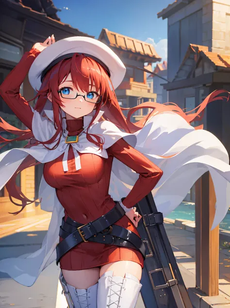 summonnightaty, aty, long hair, blue eyes, red hair, beret, hat, glasses,
BREAK long hair, thighhighs, hat, dress, boots, glasses, belt, cape, sweater, zettai ryouiki, beret, thigh boots, white footwear, ribbed sweater, loose belt,solo,
BREAK outdoors, fan...