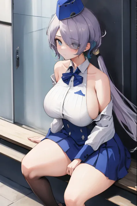 1girl,big_breasts,cap,bare_shoulder,closed_mouth,cold_look,skirt,sitting,hair_over_one_eye,