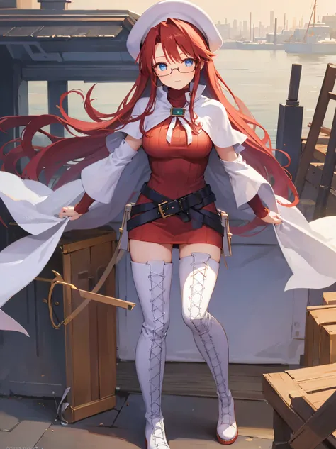 summonnightaty, aty, long hair, blue eyes, red hair, beret, hat, glasses,
BREAK long hair, thighhighs, hat, dress, boots, glasses, belt, cape, sweater, zettai ryouiki, beret, thigh boots, white footwear, ribbed sweater, loose belt,solo,
BREAK outdoors, fan...