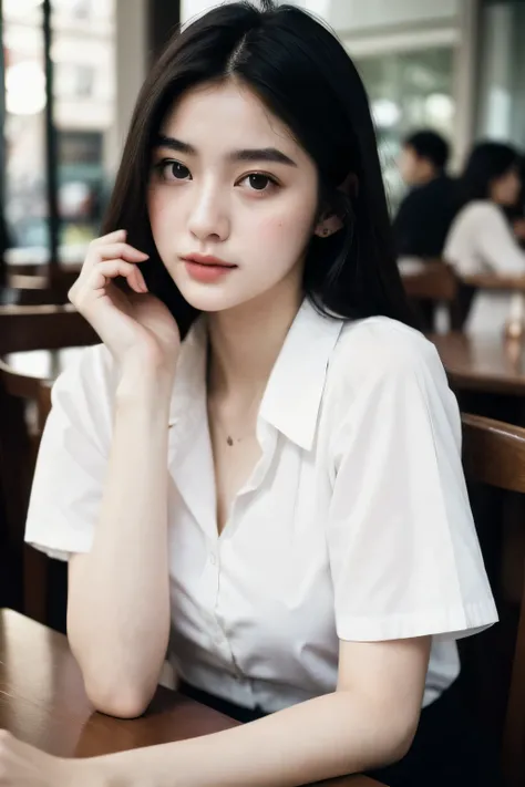 ((best quality)), ((masterpiece)), (detailed), perfect face,1girl,pretty face,sitting at cafe,35mm flim,white shirt,messy black hair,pale skin,bang