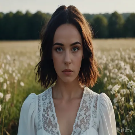 a woman standing in a field of flowers looking at the camera, Retrato de Sophie Mudd, ana de armas as joan of arc, Solsticio de verano - t, charli bowater, a frame of an ethereal, retrato suave 8 k, muchacha atractiva, inspired by Louisa Matthíasdóttir, mi...