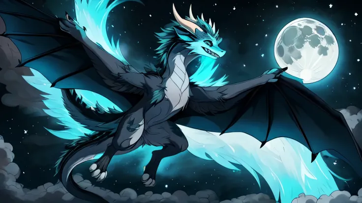 feral style fluffy dragon flying in the air, black/gray colored fur with dark blue accents on legs and arms, two front legs, two back legs, one pair of wings, blue horns, cyan eyes, spread wings, cloudy night sky, glowing moon