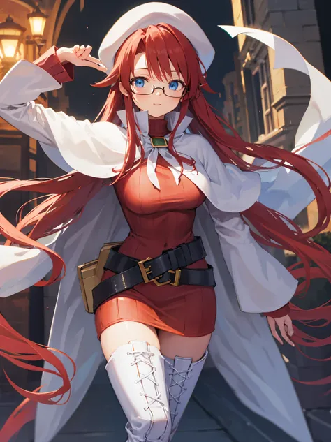 summonnightaty, aty, long hair, blue eyes, red hair, beret, hat, glasses,
BREAK long hair, thighhighs, hat, dress, boots, glasses, belt, cape, sweater, zettai ryouiki, beret, thigh boots, white footwear, ribbed sweater, loose belt,solo,
BREAK outdoors, fan...