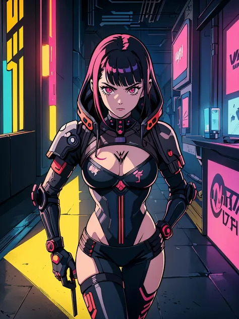 digital art drawing, illustration of (girl metal with pieces on her skin, cyberpunk 2077), anime drawing/art, bold linework, illustration, digital art, masterpiece, flat illustration, no shadows, 8k resolution, high detail, vector art, only anime
