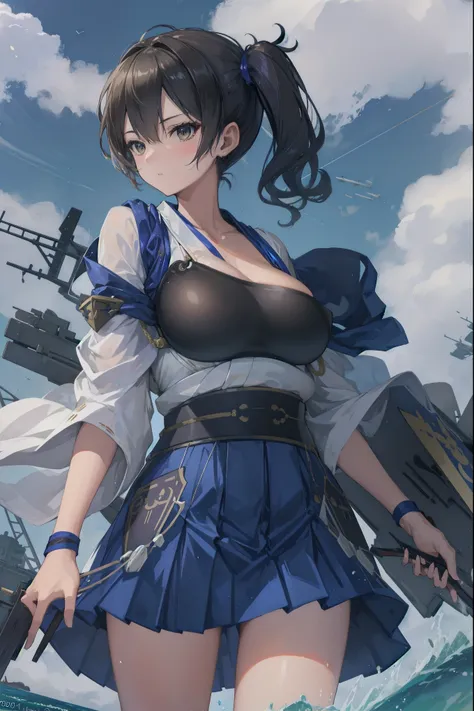 kaga(fleet collection),highest quality, masterpiece, high resolution,kimono,blue skirt,side ponytail,big_breasts,