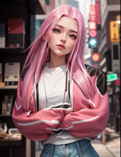 AVATAR SECOND LIFE Korean girl sweatshirt with arms crossed and jeans , asian pink hair, rosto perfeito e detalhado, IMVU, detalhes maximalistas, AVATAR SECOND LIFE Korean blouse and pants , neon, cabelo rosa, rosa