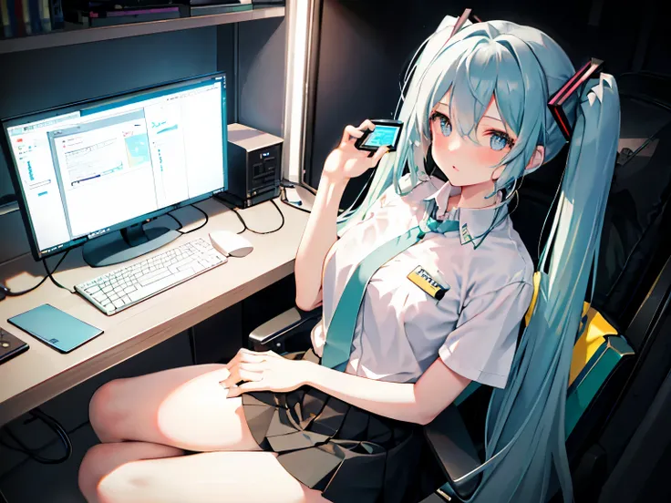 Hatsune Miku, 1 girl, alone, ((white shirt)), thighs negros, chest, neckline, uniform, fondo de office, black skirt, pleated skirt, office, hair between eyes, blue eyes, Flower pupils, chest medianos, long hair, looking at the viewer, blue hair, Short Nail...