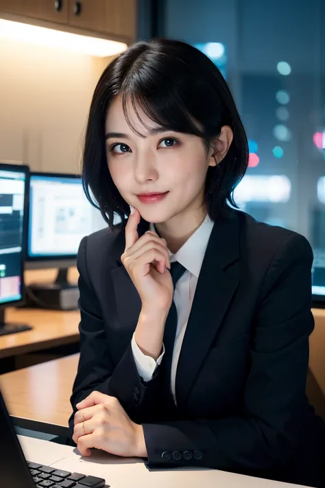 (8k, best quality, masterpiece:1.2), (realistic, photo-realistic:1.37), ultra-detailed, 1 girl,cute, solo,beautiful detailed sky,detailed office,night,sitting,(nose blush),(smile:1.15),(closed mouth) , medium breasts,beautiful detailed eyes,(collared shirt...