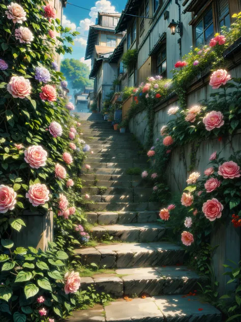 a painting of stairs leading up to the way, flowers, hanging flowers, roses, makoto shinkai. high detail, overgrowth. by makoto shinkai, by makoto shinkai, by Makoto Shinkai, anime. by makoto shinkai, studio ghibli environment, ghibli studio art, cinematic...