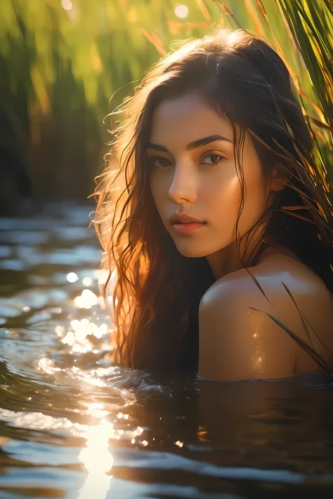 a close up of a woman in a body of water