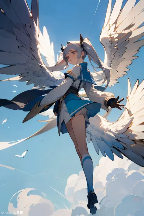 anime,multiple names,silver hair, twin tails, blue sky background, masterpiece,Not real,wings on the back