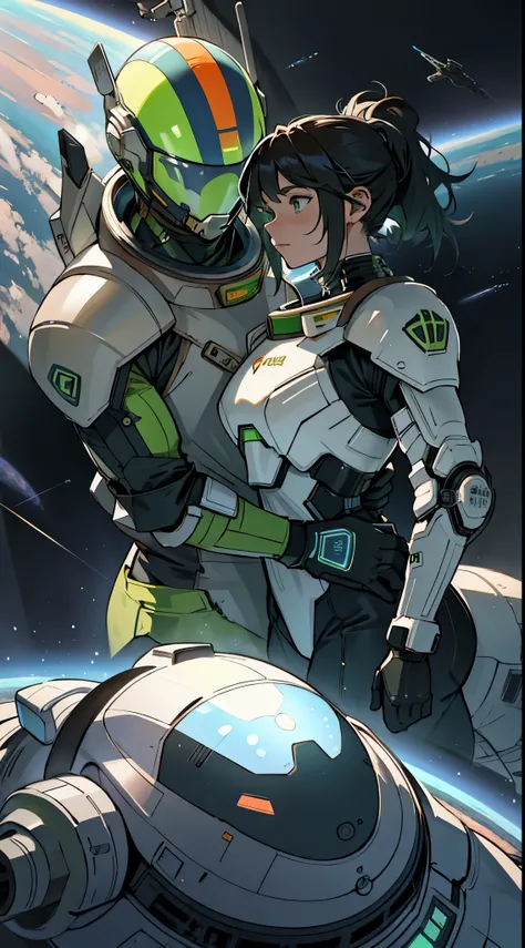 Two people in futuristic space suits embracing, with a large green planet and a space station structure in the background, bold and slim lines, brush strokes