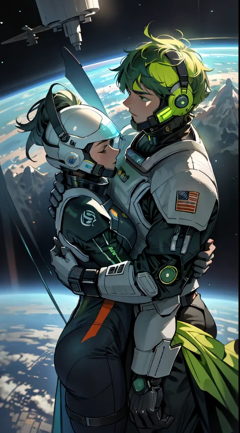 Two people in futuristic space suits embracing, with a large green planet and a space station structure in the background, bold and slim lines, brush strokes