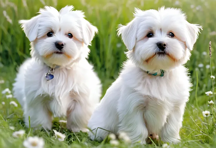 Two small white dogs standing together in the grass, Pastel paintings by Emma Andijewska, pixabay, romanticism, puppy, A cute boy, havanese dog, soft and fluffy, 2 dogs, Gorgeous Features, twins, So cute and cuddly, Tudol, beautiful photo, cute face, Prist...