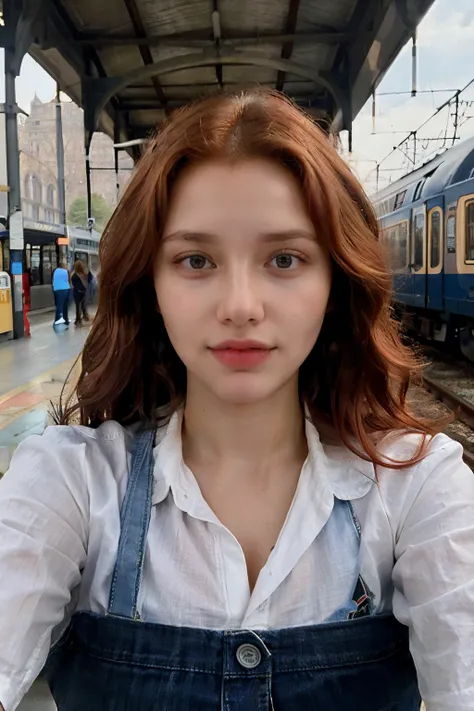 ((best quality)), ((masterpiece)), (detailed), perfect face 
woman with a shirt and a train station background, red hair curly c...