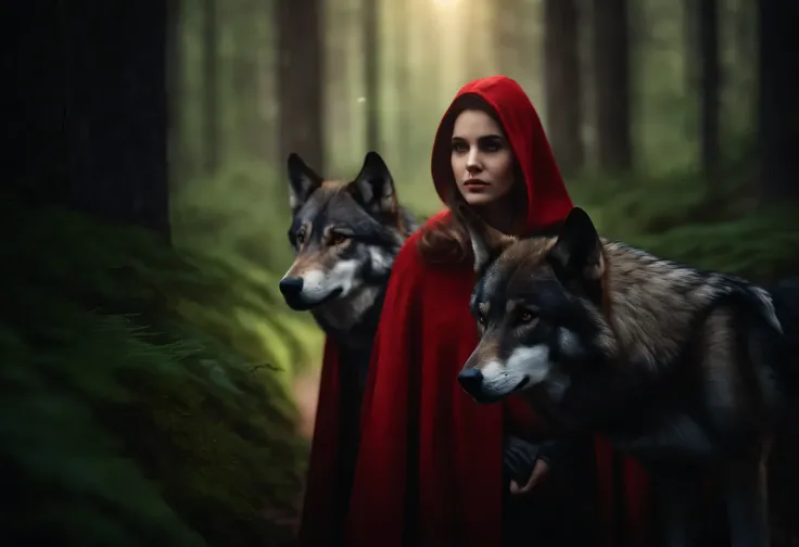 The Girl in the Red Cloak with the Wolf in the Dark Forest detailed digital painting, a photorealistic painting, art photography