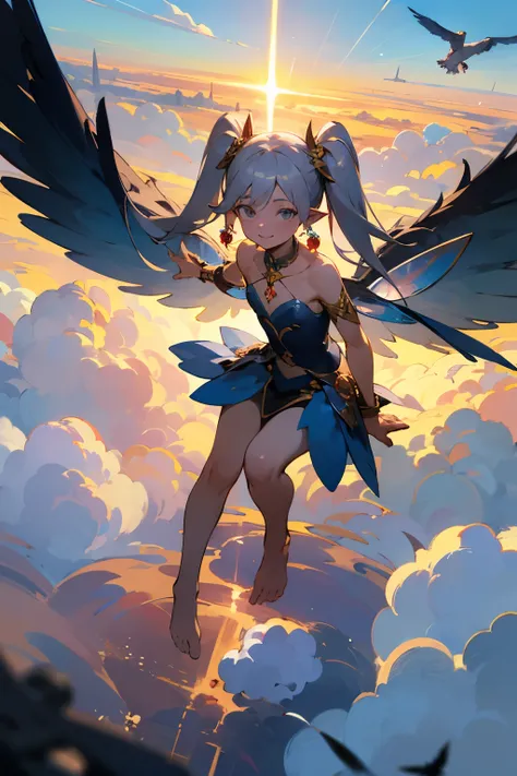 anime,multiple people,silver hair, twin tails, blue sky background, masterpiece,Not real,wings on the back(masterpiece,highest quality,super detailed),software,
fairy tale,goblin,flat chest,wings on the back,transparent skin,[:elf ears:0.7],very long hair,...