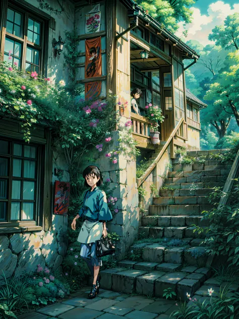 a painting of stairs leading up to the way, flowers, hanging flowers, roses, makoto shinkai. high detail, overgrowth. by makoto shinkai, by makoto shinkai, by Makoto Shinkai, anime. by makoto shinkai, studio ghibli environment, ghibli studio art, cinematic...