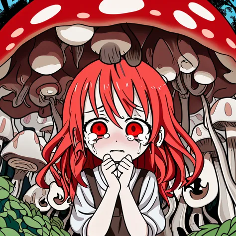 Generate a 2D style illustration，The protagonist is a girl with medium-length light red hair，She is in the woods，Mushrooms growing all around，The girl was also parasitized by mushrooms，face，Mushrooms growing on my hands，A look of fear and despair，Uncontrol...