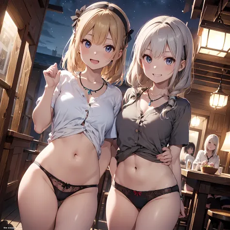 ((masterpiece, best quality, ultra quality, high quality, hyper detailed, intricate detailed, perfect anatomy, shiny skin, cowboy shot,)), (3 woman:1.5), cute woman are posing for a camera,  (In the tavern at night:1.2)、  (Lifting SHIRT:1.3),  (open your m...