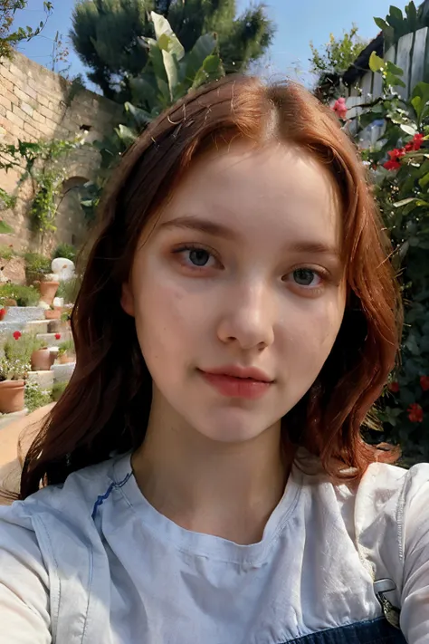 ((best quality)), ((masterpiece)), (detailed), perfect face 
woman with a jupe and in garden  background, red hair Curly Crop
, blue symmetric eyes 24yo, without makeup, looking directly at the camera, looking straight to camera, front portrait, 24 year-ol...