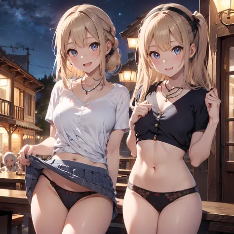 ((masterpiece, best quality, ultra quality, high quality, hyper detailed, intricate detailed, perfect anatomy, shiny skin, cowboy shot,)), (3 woman:1.5), cute woman are posing for a camera,  (In the tavern at night:1.2)、  (Lifting SHIRT:1.3),  (open your m...