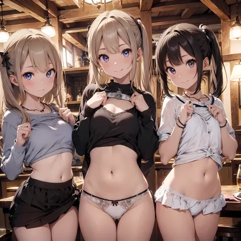 ((masterpiece, best quality, ultra quality, high quality, hyper detailed, intricate detailed, perfect anatomy, shiny skin, cowboy shot,)), (3 woman:1.5), cute woman are posing for a camera,  (In the tavern at night:1.2)、  (Lifting SHIRT:1.3),  (open your m...