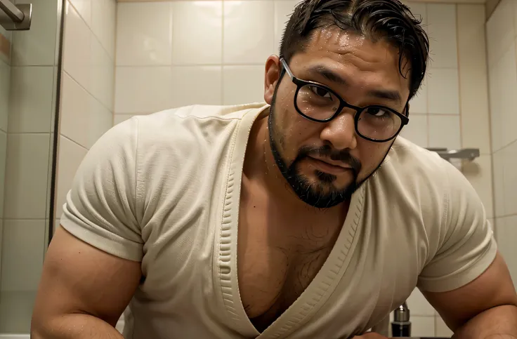 close up of a cum soaked face of a 35-year-old stocky chubby thick Japanese Judo athlete with beard and short hair and glasses in a mens room
