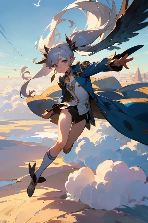 anime,multiple people,silver hair, twin tails, long coat,blue sky background, masterpiece,Not real,wings on the back(masterpiece,highest quality,super detailed),software,fairy tale,goblin,flat chest,wings on the back,transparent skin,[:elf ears:0.7],very l...