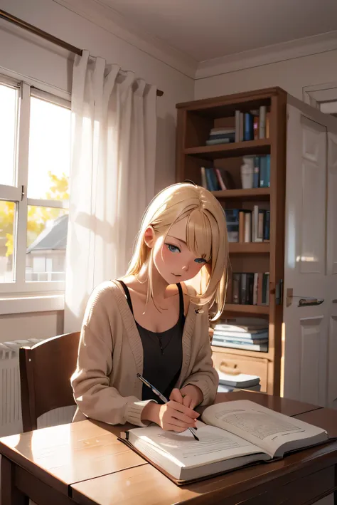 Young blonde woman studying in her room

