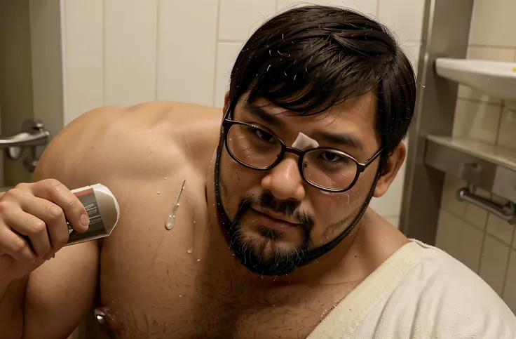 close up of huge load of cum on the face of a 35-year-old stocky chubby thick Japanese Judo athlete with beard and short hair and glasses in a mens room
