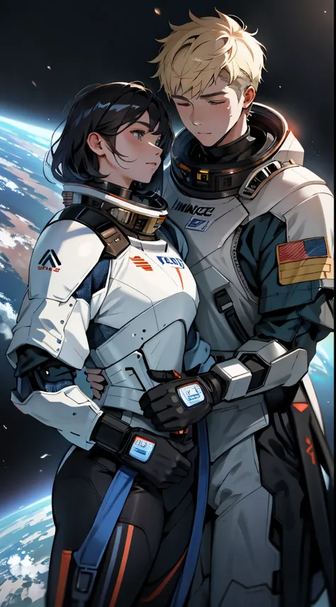 Two people in futuristic space suits embracing