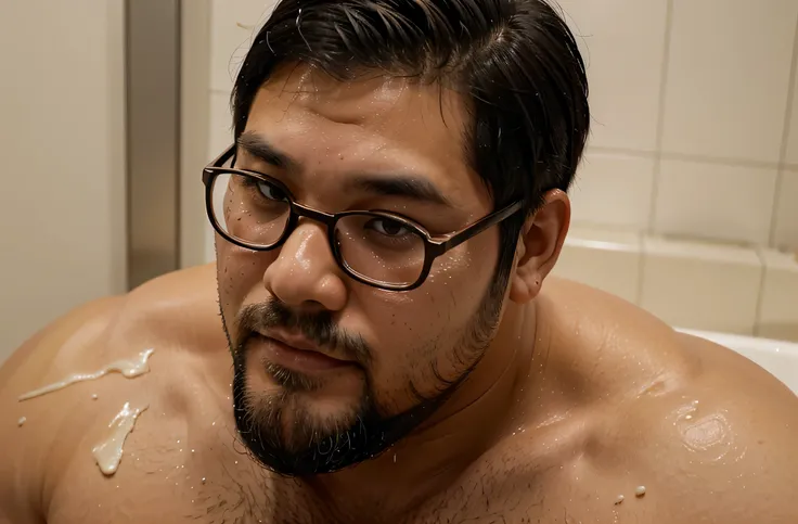 close up of huge load of cum on the face of a 35-year-old stocky chubby thick Japanese Judo athlete with beard and short hair and glasses in a mens room
