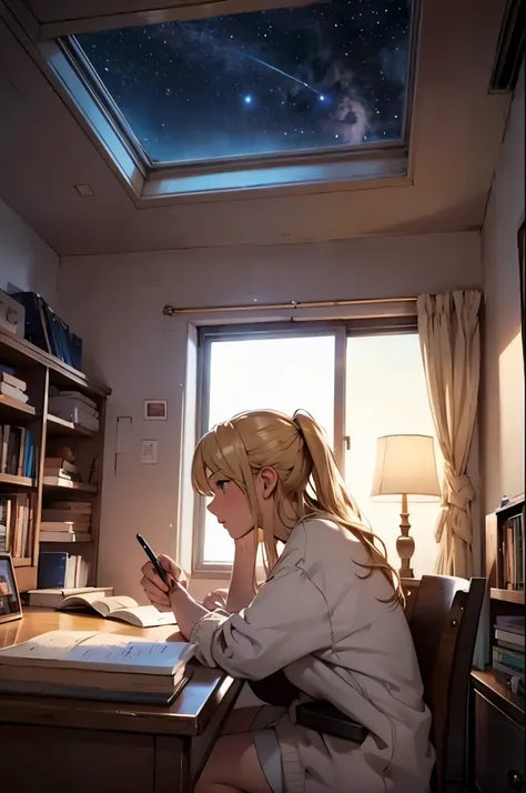 Young blonde woman studying in her room over the sky full of stars
