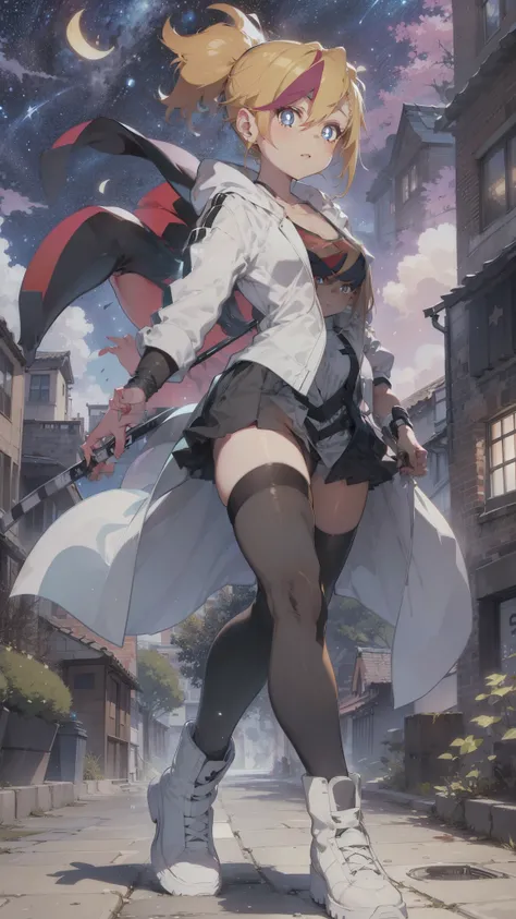 1 girl, ultra long hair, ultra detailed face, glowing lips, glowing blue eyes, very long ponytail, elegant walk, catwalk, holding down a katana, blonde, long eyelashes, long boots , looking to the sky, starry sky