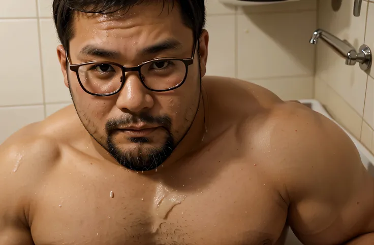 close up of huge load of cum on the face of a 35-year-old stocky chubby thick Japanese Judo athlete with beard and short hair and glasses in a mens room