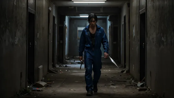 he has black hair and where a blue jumpsuit. He is walking through an abandoned building, there is a shadowy figure who stalks him, he holds a knife that is razor sharp. 