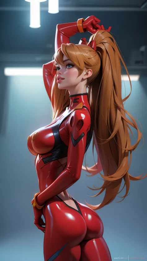 Asuka langley evangelion, a stunning young woman, beautiful, cute, full lips, happy, horny, arms up and hands behind head, trendy attire, wearing red latex leotard, realistic, super detail, ((masterpiece)), (cinematic lighting), ((dark lighting)), large pe...