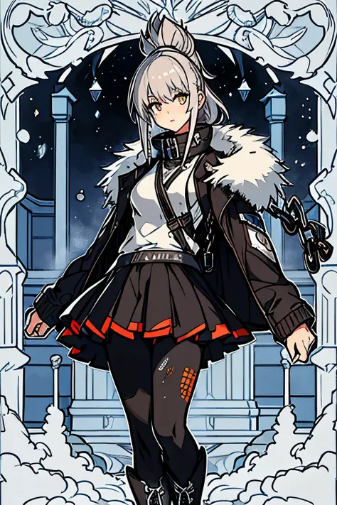 a woman, leggings, pleated skirt, sports top, high ponytail, high boots, long fur jacket, on a foggy moonlit night in a ghost town, detailed face, hyper detailed eyes, detailed lips, , with a metal chainned-colar in the neck, lineart