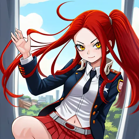 Girl with long red hair 17 years old in Bnha uniform pretty friendly flying