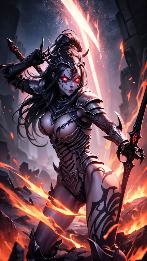 girl, skeleton warrior, evil look, sexi,  wielding a sword, skeleton armor, facepaint, bodypaint, red glowing eyes, combat stance, vibrant appearance, creative behavior, imaginative, sensual, spontaneous, highest quality, skin texture, intricate details, (...