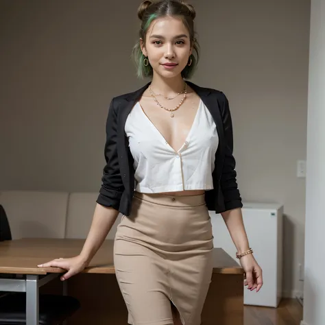 1girls, Nur, green Hair , 24 years old , Extremely Stylish Secretary Combination:
 Pencil skirt + Flowy blouse + Blazer + High heels
 Pearl necklace + Big earrings + Hair accessory
 Earth tones makeup + Neat blow dry or bun
 Self-confidence and professiona...