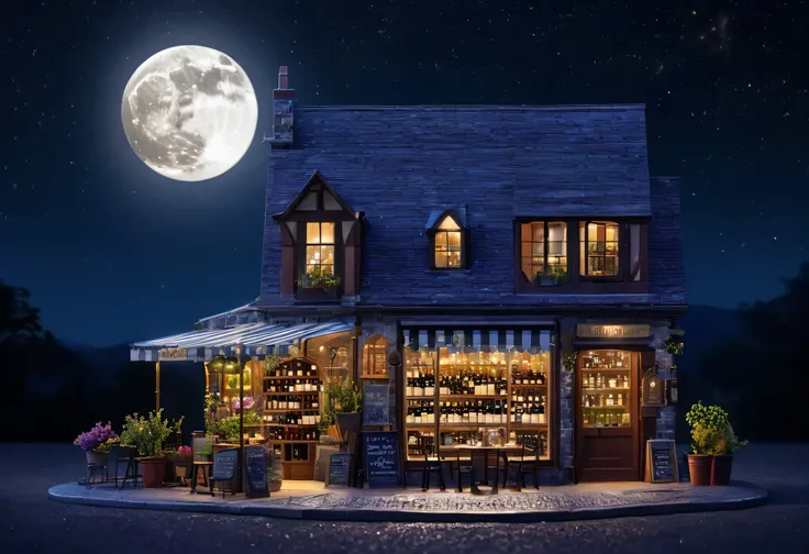 There is a miniature wine shop with the moon as a backdrop, Concept art by Elaine Hamilton, Pixabay Contest Winner, conceptual art, illuminated by moonlight starry sky environment, illuminated by moonlight night dreamy atmosphere, Detailed Store, ✨🕌🌙, Mini...