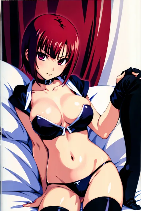 Rio, Super Blackjack、red hair、short hair、black bra、thigh high socks、black panties、Photo from below、medium chest、Bedroom、