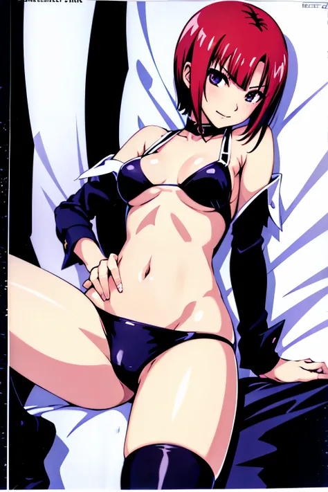 Rio, Super Blackjack、red hair、short hair、black bra、thigh high socks、black panties、Photo from below、medium chest、Bedroom、