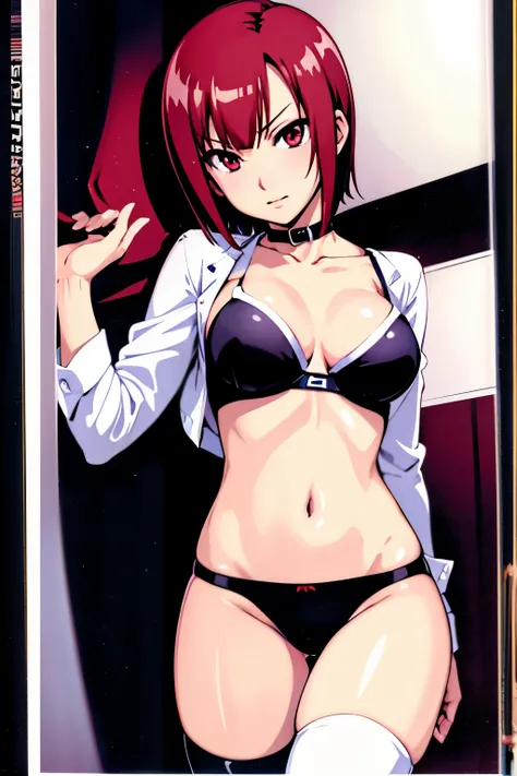 Rio, Super Blackjack、red hair、short hair、black bra、thigh high socks、black panties、Photo from below、medium chest、Bedroom、