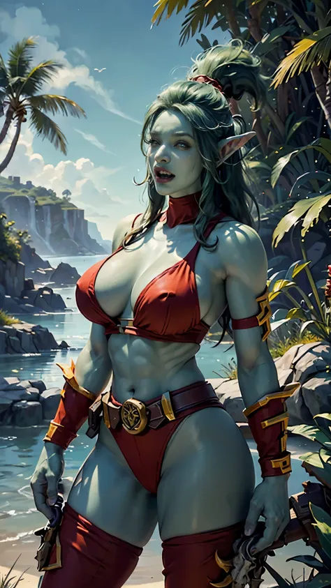 1 girl, beautiful muscular troll girl from warcraft, fangs out, huge tusks protrude from the mouth, green skin, screams, painted...